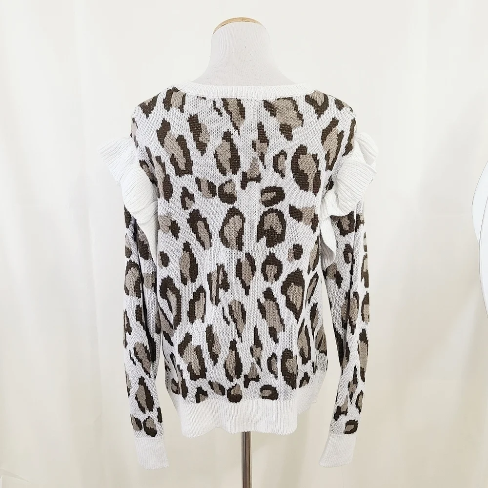 Chaser leopard jacquard cardigan sweater ruffle sleeve size large NEW NWOT